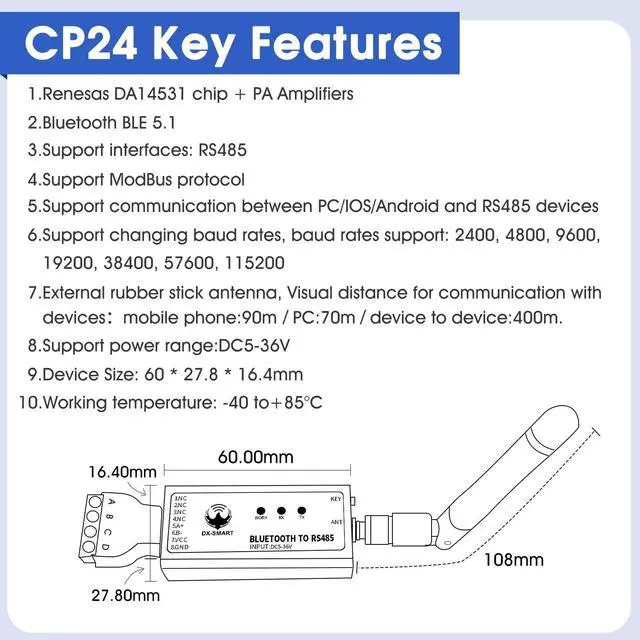 Alt view image 2 of 5 - DX-CP24 Bluetooth to RS485 Serial Adapter Industrial Wireless Bluetooth Communication Module to RS485 Converter, Change 485 Wired Device to Wireless (CP24 for Device)