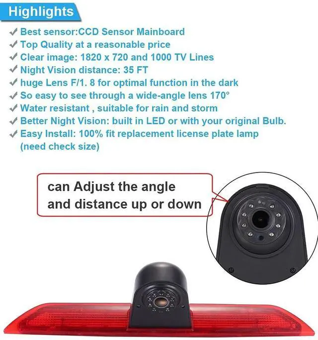 Alt view image 4 of 5 - 7" LCD Monitor+Super HD 1280 * 720 Pixels Brake Light Rear View Backup Camera Third Brake Lamp Reverse Camera for Ford Transit tourneo Custom Jumbo Kasten V363 F150 F250 F350 V636 MK8 2012-2020