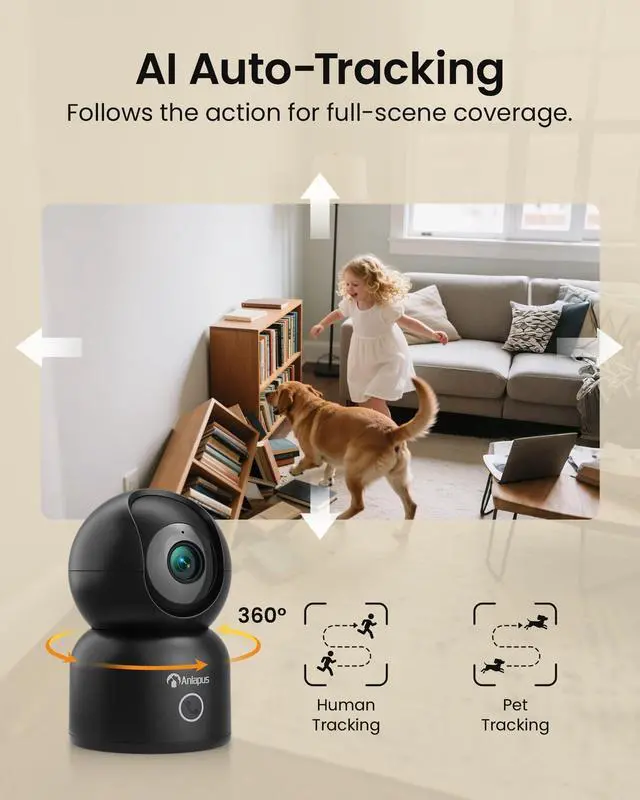 Alt view image 5 of 5 - Anlapus A50 4K Pan/Tilt Home Indoor Security Camera, Plug-in WiFi Pet/Baby Monitor with One-Touch Call, AI Human/Pet/Face Tracking, 2.4/5 GHz, Two-Way Talk, Night Vision, 64G Memory Card Storage