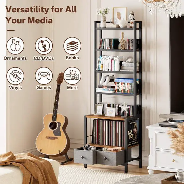 Alt view image 3 of 5 - DVD Storage Vinyl Record Storage Rack, 6-Tier CD Rack Tower with Drawers for CDs, DVDs, Albums, Books & Games, Vinyl Record Holder & DVD Shelf Organizer for Living Room & Home Office, 20.8x11.8x63Inch