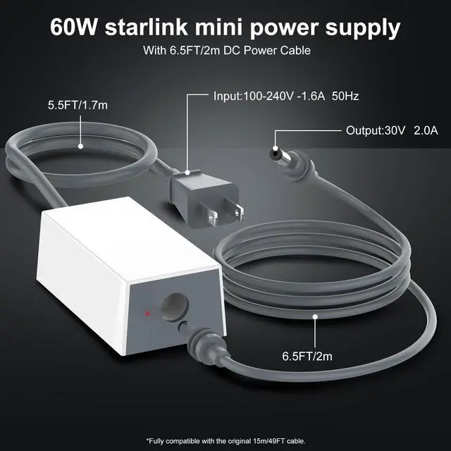 Alt view image 2 of 5 - Starlink Mini Power Supply & Accessories, Official Replacement 60W AC Adapter with 5.5FT Power Cord & 6.5FT Detachable DC Cable with LED Light Indicator for Starlink Mini Dish
