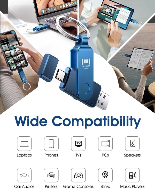 Alt view image 2 of 5 - MOSDART 256GB USB C and A 3.2 150MB/s Dual Flash Drive with Keychain, Navy