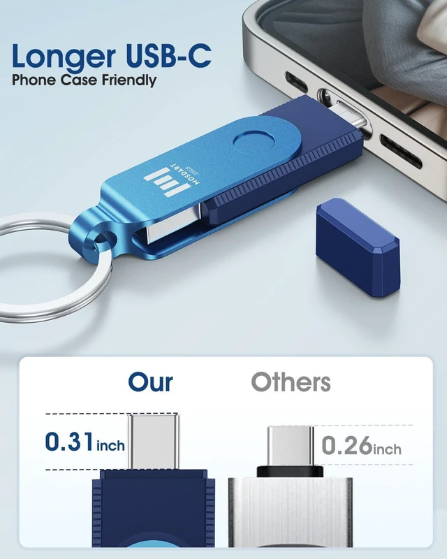 Alt view image 5 of 5 - MOSDART 256GB USB C and A 3.2 150MB/s Dual Flash Drive with Keychain, Navy