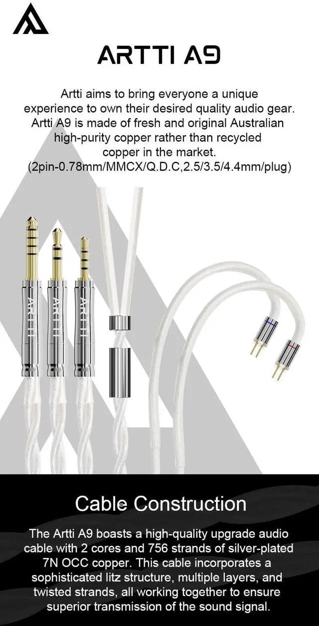 Alt view image 2 of 5 - ARTTI A9 Earphone Cable 2.5/3.5/4.4mm 3in1 Plug 2 Cores 756 Strands Silver-Plated 7N OCC Copper Upgrade Cable, DQC/MMCX Plug (QDC Straight)