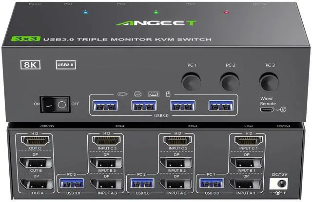 Main image of KVM Switch 3 Monitors 3 Computers 8K@60Hz 4K@144Hz, ANGEET HDMI Displayport Triple Monitor KVM Switch, 3 Monitors KVM with 4 USB 3.0 Ports for USB Devices, Wired Remote and Power Adapter Included