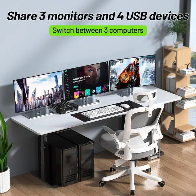 Alt view image 2 of 5 - KVM Switch 3 Monitors 3 Computers 8K@60Hz 4K@144Hz, ANGEET HDMI Displayport Triple Monitor KVM Switch, 3 Monitors KVM with 4 USB 3.0 Ports for USB Devices, Wired Remote and Power Adapter Included