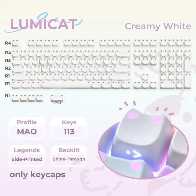 Alt view image 2 of 5 - OHY XVX Lumicat Mao Profile Side-Printed Shine-Through PBT Keycaps, 113 Keys Double-Shot Dye-Sublimation Creamy White Keycap Set, Compatible with MX Switches Mechanical Keyboard