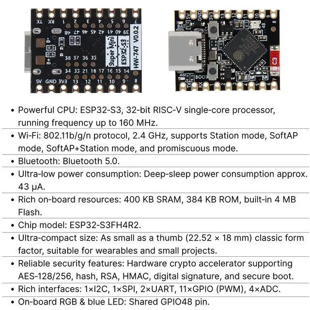 Alt view image 2 of 5 - 8PCS Supermini ESP32-S3 Type-C Development Board, Dual-Core 160MHz RISC-V Processor, 2.4GHz WiFi + Bluetooth 5.0, Builtin 4MB Flash for IoT Wearable, Smart Homes & Arduino
