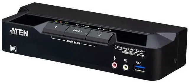 Main image of ATEN CS1922A 2-Port USB 3.0 8K DisplayPort KVM Switch, Control 2 Computers with 1 Monitor, Keyboard, Mouse, 8K@60Hz, 4K@120Hz, HotKey, Push Button, Remote Port or RS-232 Switching, Cables Included