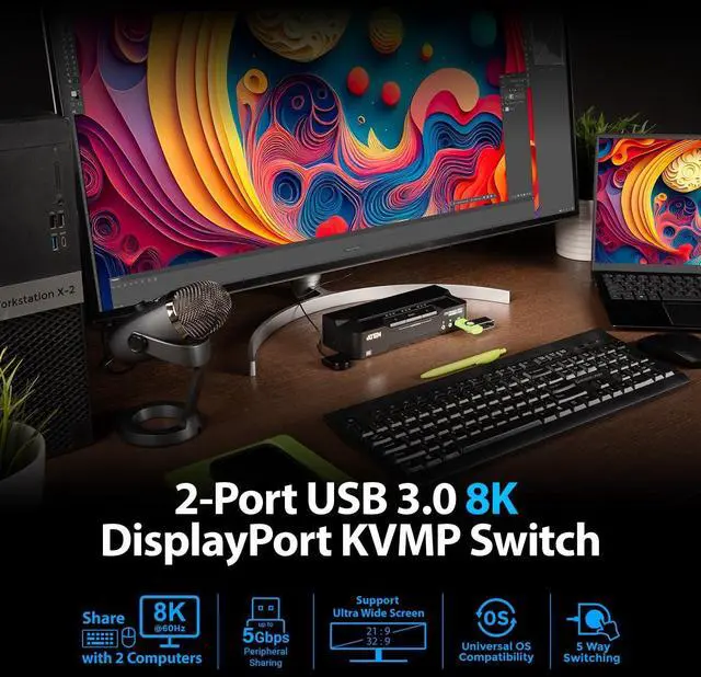 Alt view image 2 of 5 - ATEN CS1922A 2-Port USB 3.0 8K DisplayPort KVM Switch, Control 2 Computers with 1 Monitor, Keyboard, Mouse, 8K@60Hz, 4K@120Hz, HotKey, Push Button, Remote Port or RS-232 Switching, Cables Included