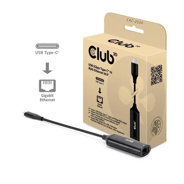 Alt view image 2 of 5 - Club3D CAC-2530 USB 5Gbps Type-C to RJ45 Ethernet M/F