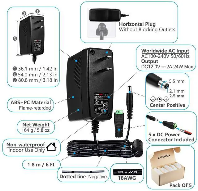 Alt view image 3 of 5 - CHANZON 12V 2A UL Listed 24W AC DC Switching Power Supply Adapter (Input 100-240V, Output 12 Volt 2 Amp 24 Watt 6Ft Cord) Wall Wart Transformer Charger for DC12V CCTV Camera LED Strip Light (5-Pack)