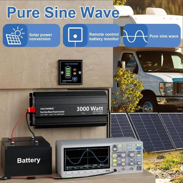 Alt view image 2 of 5 - 3000 Watt Pure Sine Wave Inverter 12V DC to 110V 120V AC with UL Fuses 3000W Power Inverter for Home RV Truck Off-Grid Solar with AC Hardwire 30A Compatible with Lithium Battery VOLTWORKS