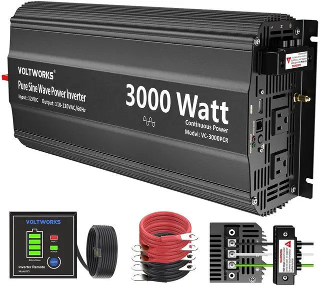 Main image of 3000 Watt Pure Sine Wave Inverter 12V DC to 110V 120V AC with UL Fuses 3000W Power Inverter for Home RV Truck Off-Grid Solar with AC Hardwire 30A Compatible with Lithium Battery VOLTWORKS