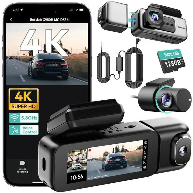 Main image of BOTSLAB 3 Channel Dash Cam 4K with ACC Hardwire Kit & 128GB TF Card, 3.18" Touch Screen, Voice Control, 4K Front and 1080P Rear Inside Loop Recording, 5.8GHz WiFi, GPS, Night Vision, WDR, Parking Mode