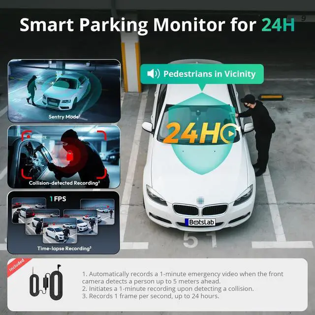 Alt view image 2 of 5 - BOTSLAB 3 Channel Dash Cam 4K with ACC Hardwire Kit & 128GB TF Card, 3.18" Touch Screen, Voice Control, 4K Front and 1080P Rear Inside Loop Recording, 5.8GHz WiFi, GPS, Night Vision, WDR, Parking Mode