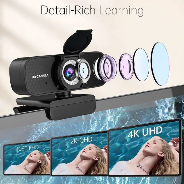 Alt view image 2 of 5 - 2K HD Webcam with Wide Angle Lens, Privacy Cover, Auto Light Correction and Noise-Canceling Mic, Plug & Play USB Camera for Desktop/Laptop/Mac/PC, Compatible with Teams/Zoom/Skype/Streaming Black