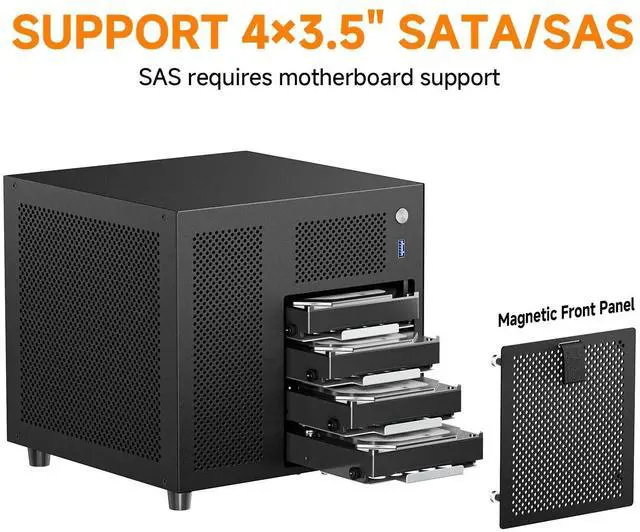 Alt view image 2 of 5 - Mini ITX NAS Case, 4 Hot-Swap 3.5 HDD Bay NAS PC Chassis, Supports SFX/SFX-L/Flex PSU & 120mm Fan, Compact ITX Computer Case for Home Office Storage - Black