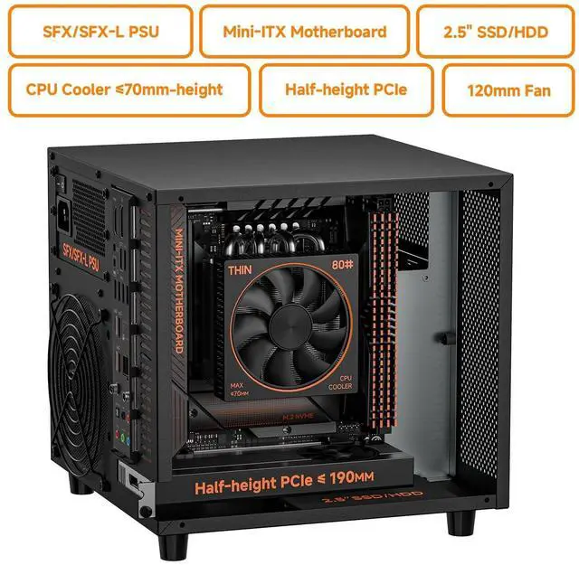 Alt view image 3 of 5 - Mini ITX NAS Case, 4 Hot-Swap 3.5 HDD Bay NAS PC Chassis, Supports SFX/SFX-L/Flex PSU & 120mm Fan, Compact ITX Computer Case for Home Office Storage - Black