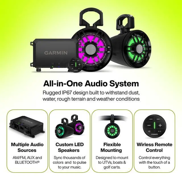 Alt view image 2 of 5 - Garmin Tread EX Off-Road Audio System for UTVs, SxS, Golf Carts, Boats and Any Outdoor, Powersport or Utility Vehicle ^^ Rugged IP67 Design with Multiple Audio Sources and Custom LED Speakers