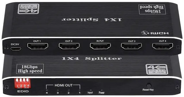 Main image of 1x4 HDMI Splitter, 4K 60Hz 1 in 4 Out HDMI Splitter Audio Video Distributor Box Support Full Ultra HD, 3D, HDR, Compatible for HDTV, Blu-Ray, DVD, Xbox, PS4 Etc