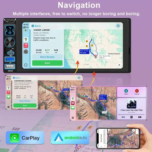 Alt view image 5 of 5 - Single DIN Car Stereo Radio with Wireless Apple CarPlay & Android Auto, 6.9" IPS 1280x600 Touchscreen, Bluetooth 5.2, FM Radio, Backup Camera, 1 DIN Head Unit, 180W Subwoofer Out, Type-C Fast C