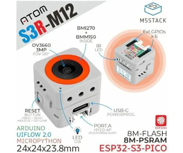 Alt view image 2 of 5 - M5Stack AtomS3R Camera Kit M12, ESP32-S3, 3MP OV3660, Wi-Fi, 8MB Flash, 8MB PSRAM, USB OTG, Model C126-M12