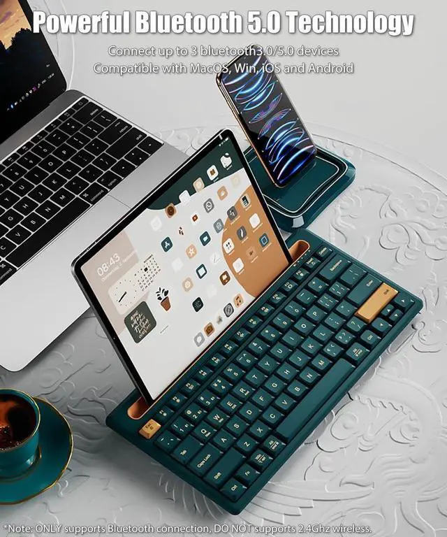 Alt view image 2 of 5 - TISHLED Bluetooth Keyboard with Integrated Stand for iPad & iPhone, 75% Compact Silent 79 Keys, 2 AAA Batteries, Smart Auto-Sleep, for Mult-Device, Laptop, Tablet, Smartphone (Dark Green)