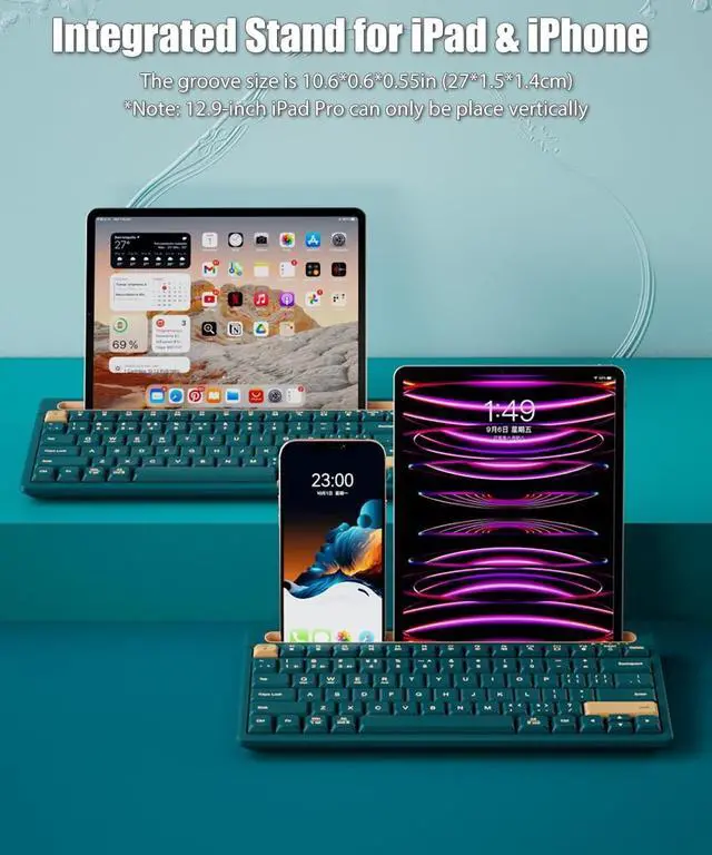 Alt view image 3 of 5 - TISHLED Bluetooth Keyboard with Integrated Stand for iPad & iPhone, 75% Compact Silent 79 Keys, 2 AAA Batteries, Smart Auto-Sleep, for Mult-Device, Laptop, Tablet, Smartphone (Dark Green)