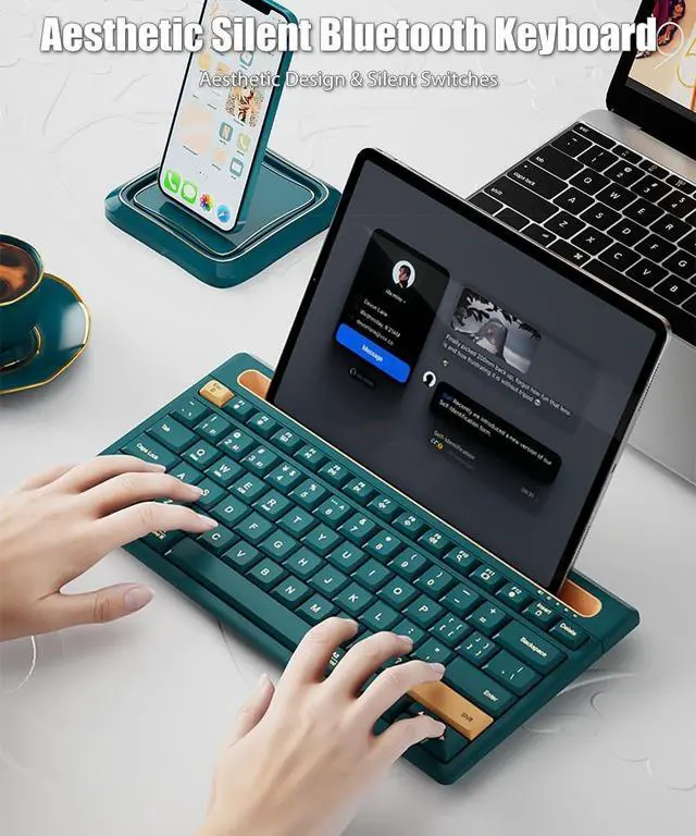 Alt view image 5 of 5 - TISHLED Bluetooth Keyboard with Integrated Stand for iPad & iPhone, 75% Compact Silent 79 Keys, 2 AAA Batteries, Smart Auto-Sleep, for Mult-Device, Laptop, Tablet, Smartphone (Dark Green)
