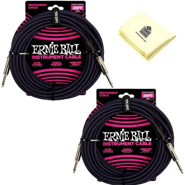 Main image of Ernie Ball Braided Instrument Cable, Straight Straight with Zorro Polishing Cloth Pack of 2 (Puple/Black, 25 Ft)