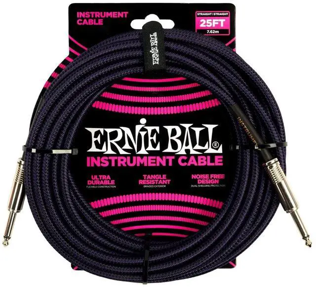 Alt view image 2 of 3 - Ernie Ball Braided Instrument Cable, Straight Straight with Zorro Polishing Cloth Pack of 2 (Puple/Black, 25 Ft)