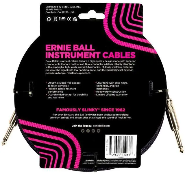 Alt view image 3 of 3 - Ernie Ball Braided Instrument Cable, Straight Straight with Zorro Polishing Cloth Pack of 2 (Puple/Black, 25 Ft)