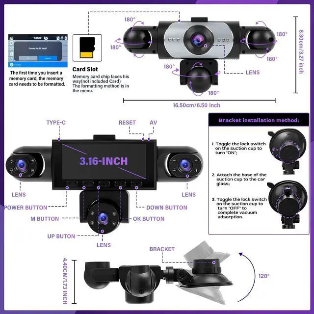 Alt view image 4 of 5 - 5 Channel Dash Cam 360Wide Angle Dash Camera for Cars 1080P with Loop Recording Night Vision Reversing Help 3.16-inch Dash Cam Front and Rear