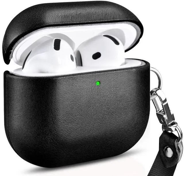 Main image of AirPods 4 Leather Case with Strap, ICARER Genuine Leather AirPod 4 Case with Strap and Led Light for Apple AirPods 4 (2024), Support Wireless Charging and MagSafe(Black)