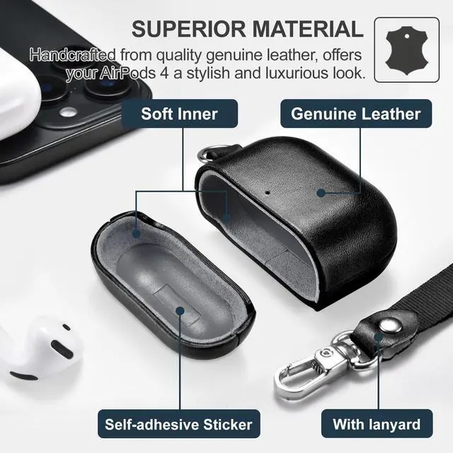 Alt view image 2 of 5 - AirPods 4 Leather Case with Strap, ICARER Genuine Leather AirPod 4 Case with Strap and Led Light for Apple AirPods 4 (2024), Support Wireless Charging and MagSafe(Black)