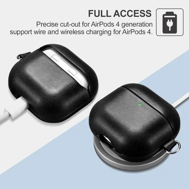 Alt view image 3 of 5 - AirPods 4 Leather Case with Strap, ICARER Genuine Leather AirPod 4 Case with Strap and Led Light for Apple AirPods 4 (2024), Support Wireless Charging and MagSafe(Black)