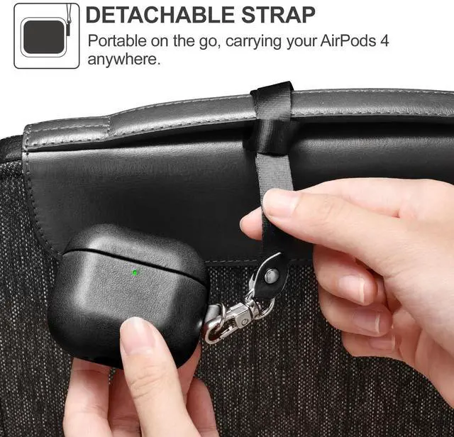 Alt view image 5 of 5 - AirPods 4 Leather Case with Strap, ICARER Genuine Leather AirPod 4 Case with Strap and Led Light for Apple AirPods 4 (2024), Support Wireless Charging and MagSafe(Black)