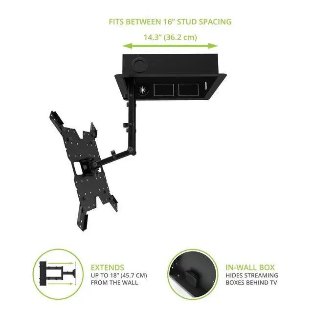 Alt view image 3 of 5 - Kanto R400 Recessed in-Wall Full Motion Articulating TV Mount for 35" - 65" TVs ^^ 300x300 VESA No Gap Flush Install ^^ 0.3" Profile 400x400 VESA ^^ Swivel and Tilt Capable ^^ Cable Management Clips