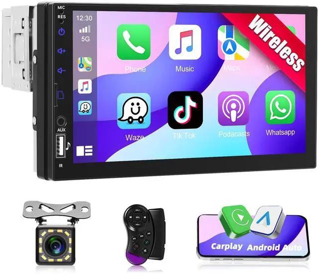 Main image of Motoris 7" Single Din Car Stereo with Wireless CarPlay & Android Auto, Touchscreen with Backup Camera, Multimedia Car Audio Support Mirror Link, Bluetooth, GPS, USB, FM Radio, Marquee Lights, S