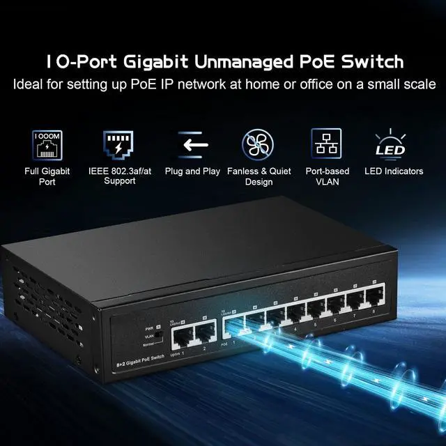 Alt view image 2 of 5 - 10 Port Gigabit POE Switch, 8 POE+ 1000Mbps, 2 Gigabit Uplink, IEEE802.3af/at, 120W Internal Power Supply, Metal Case Unmanaged Plug and Play Binardat Switch