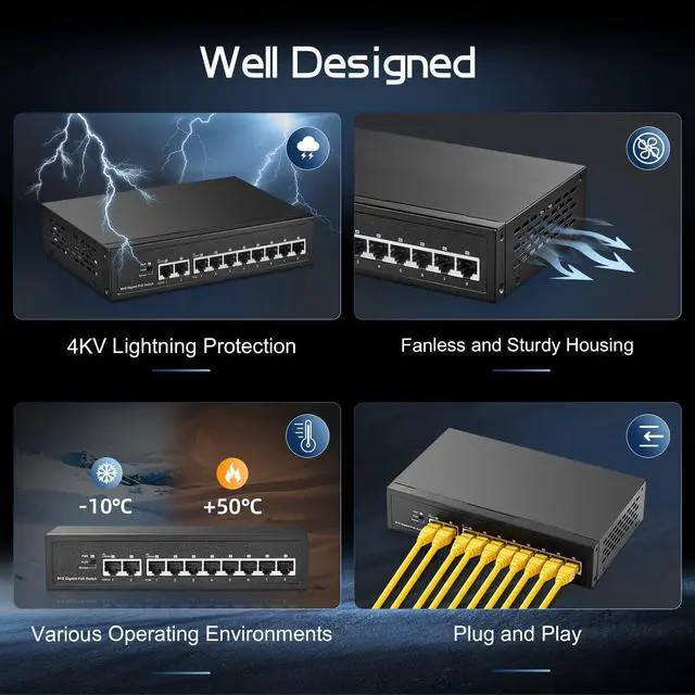 Alt view image 5 of 5 - 10 Port Gigabit POE Switch, 8 POE+ 1000Mbps, 2 Gigabit Uplink, IEEE802.3af/at, 120W Internal Power Supply, Metal Case Unmanaged Plug and Play Binardat Switch