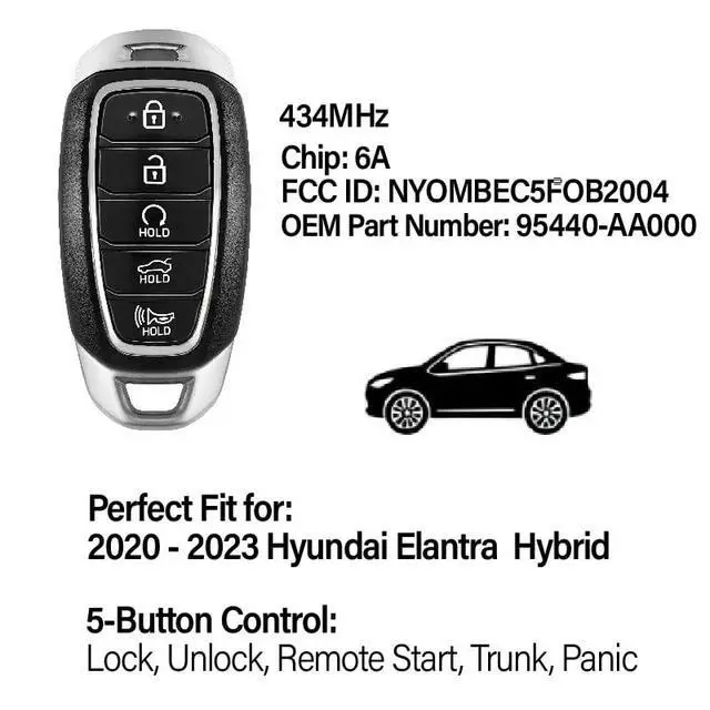 Alt view image 3 of 5 - 2 Keylessbest Replacement for 2020 2021 2022 2023 2024 Hyundai Elantra Hybrid Key Fob Remote Control NYOMBEC5FOB2004 5 Buttons 6A 434MHz