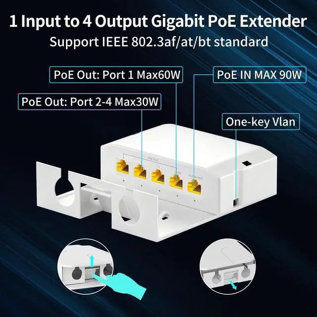 Alt view image 4 of 5 - Gigabit PoE Extender, 5 Port Outdoor PoE Repeater, 100/1000Mbps, 1 in 4 Out, Waterproof, Vlan Mode & Extend to 100m, Plug and Play, Wall Mounting for Camera, AP