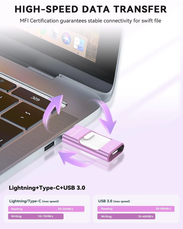 Alt view image 5 of 5 - ROSPE MFi Certified 256GB iPhone Flash Drive, Photo Stick Memory Stick for iPhone iPad, USB Thumb Drive for Photos Videos Transfer & Backup, External Storage Compatible for iPhone/Android (Purple)