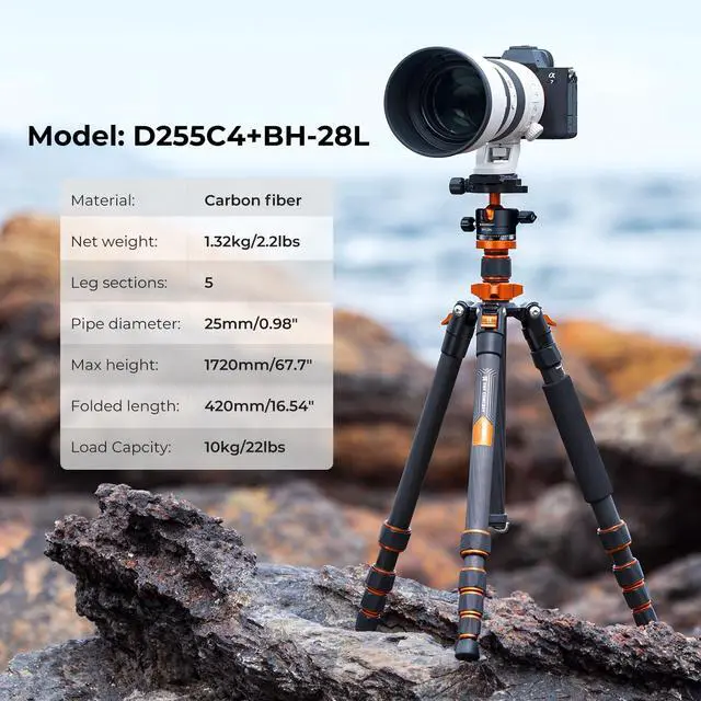 Alt view image 2 of 5 - K&F CONCEPT 68" Carbon Fiber Camera Tripod,Compact Tripods with Metal Ball Head,Quick Release Plate,Detachable Monopod 22lbs Load for DSLR with Phone Mount,D255C4+BH-28L