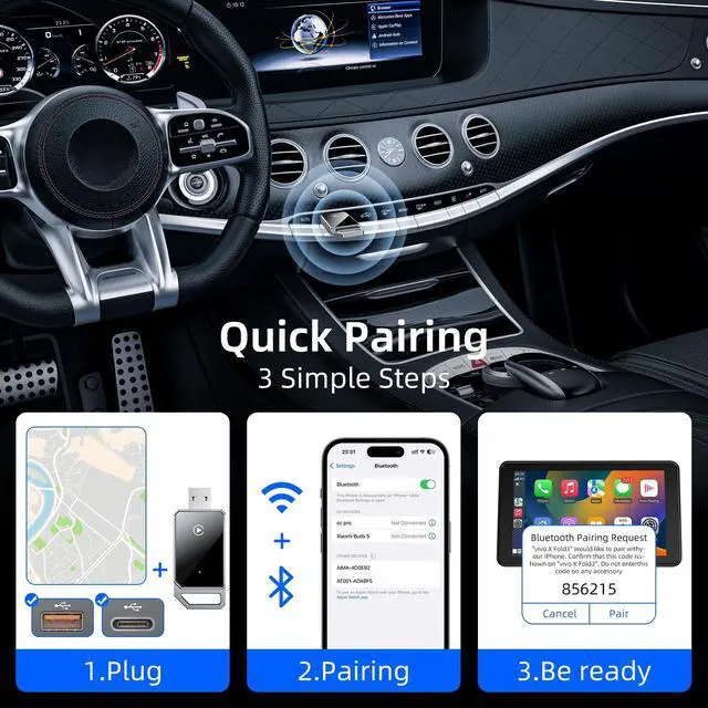 Alt view image 3 of 5 - Wireless Carplay Adapter for iPhone Apple, 2026 Mini CarPlay Dongle, Plug & Play, No Delay, Convert Wired to Wireless Bluetooth Apple Carplay, with USB&USB-C, for iOS 10+ and 2016+ Cars,