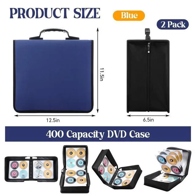 Alt view image 2 of 5 - Sunnychicc 2 Pcs 400 Capacity CD/DVD Case DVD Case Holder Organizer CD Storage Wallets Protective with Zipper 600D Oxford Cloth Disc Wallet for Booklet Album Car Home Office(Blue)