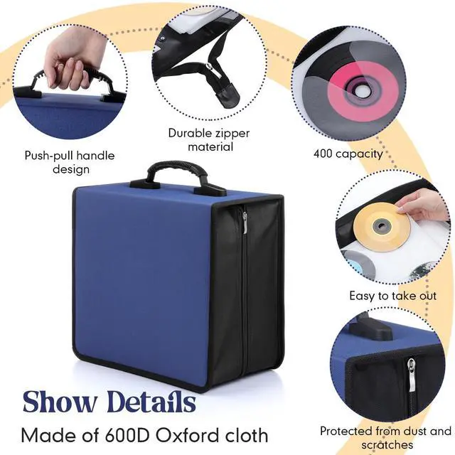 Alt view image 4 of 5 - Sunnychicc 2 Pcs 400 Capacity CD/DVD Case DVD Case Holder Organizer CD Storage Wallets Protective with Zipper 600D Oxford Cloth Disc Wallet for Booklet Album Car Home Office(Blue)