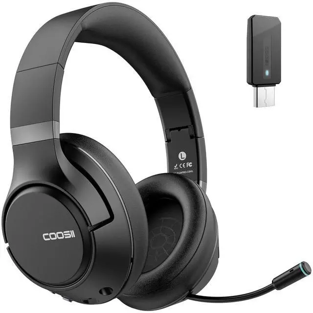 Main image of COOSII H300 Wireless Headphones with Microphone, Over Ear Bluetooth Headsets with USB Dongle & Mute, Environmental Noise Cancelling Retractable Mic for Work Office Call Center Laptop Computer (